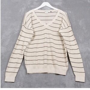 PRANA Milani V-Neck Organic Cotton Wool Blend‎ Striped Sweater Waffle Knit Sz M